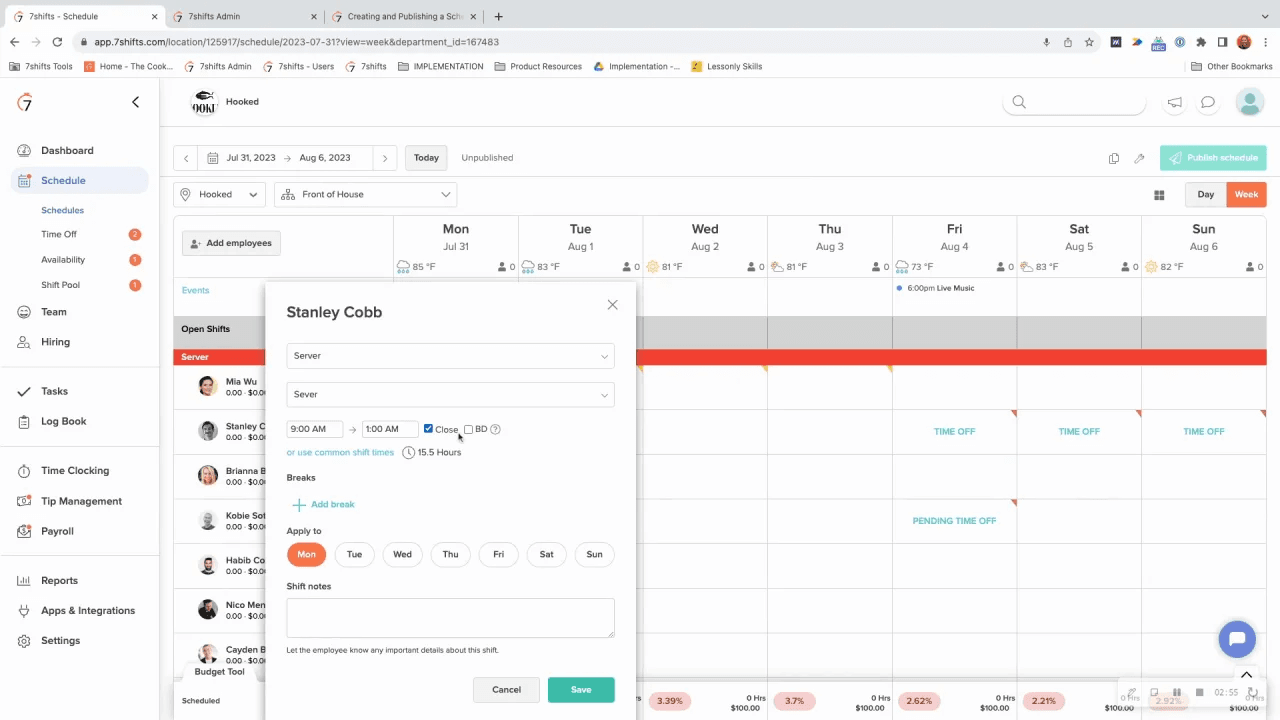 7shifts restaurant scheduling dashboard showing weekly shift schedule with labor cost versus sales forecast