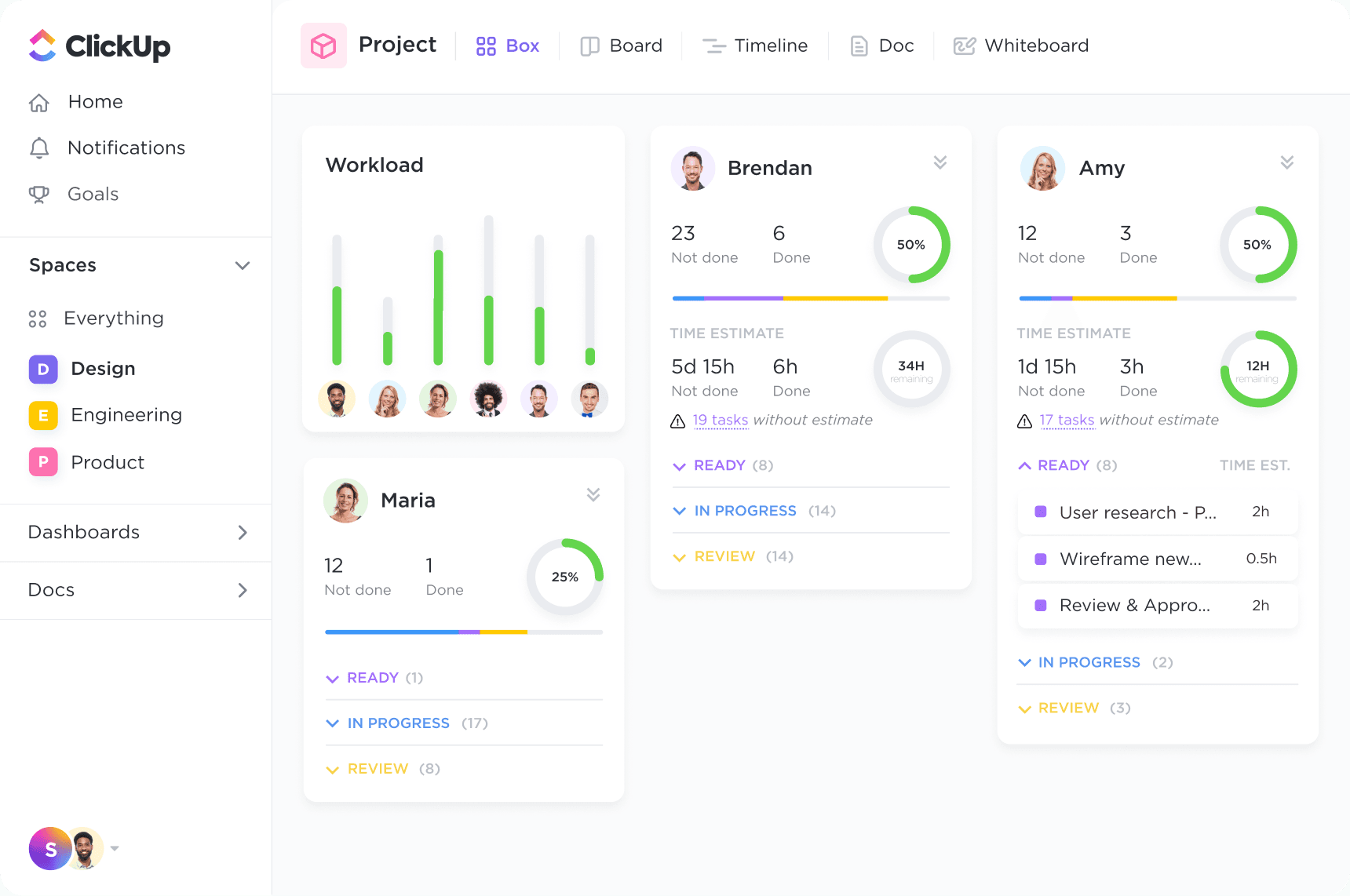 ClickUp workspace dashboard showing list view with task assignments, priorities, and goals tracking panel