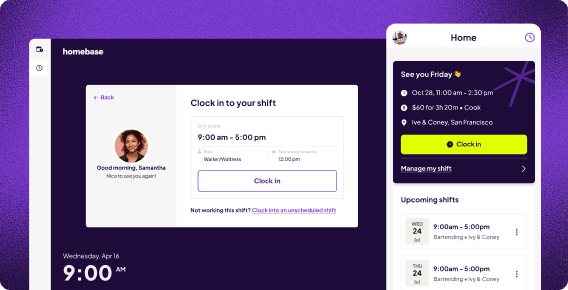 Homebase time tracking dashboard showing employee schedules, hours, and labor cost
