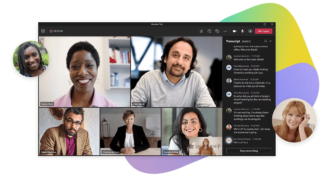 Microsoft Teams dashboard showing team chat channels, active video meeting, and SharePoint file collaboration
