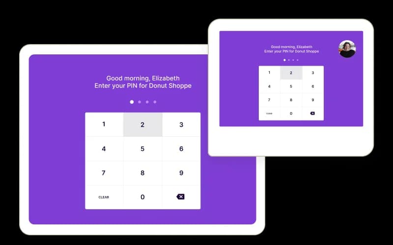 Two tablets showing the Homebase time clock PIN pad on a purple screen, reading “Good morning, Elizabeth — Enter your PIN for Donut Shoppe” above a numeric keypad.
