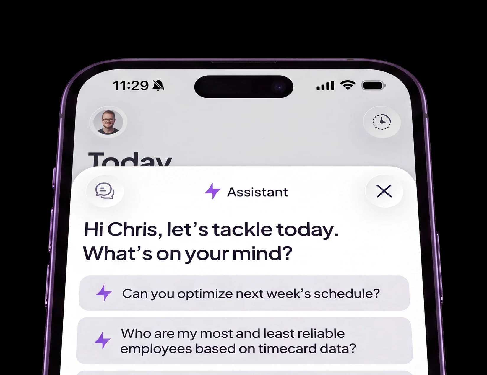 Homebase Assistant on a phone, greeting Chris with “What’s on your mind?” and suggested questions about next week’s schedule and employee reliability.