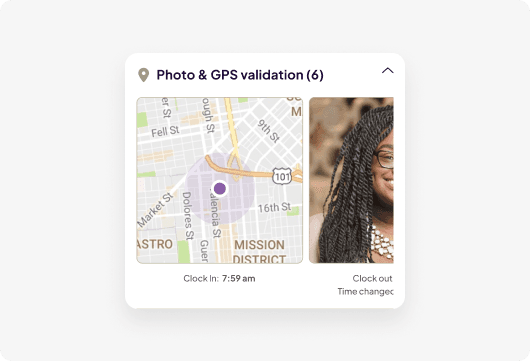 Homebase "Photo & GPS validation" panel showing a map of the employee's clock-in location beside their clock-in photo.