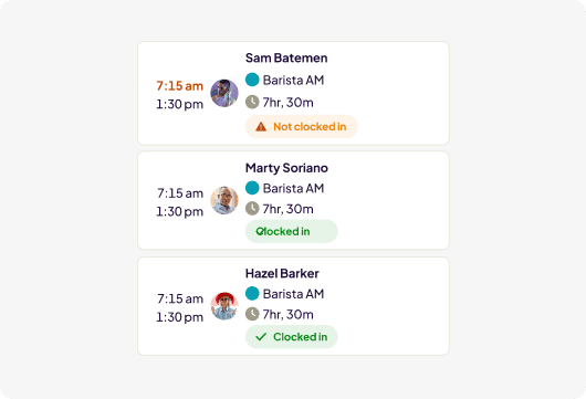 Homebase schedule day view listing three baristas’ morning shifts with attendance flags — one not clocked in, two clocked in.