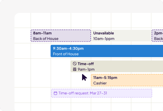 Homebase schedule builder grid showing shifts by role with an unavailable block, an approved time-off block, and a pending time-off request.