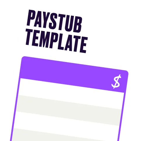 Illustration of a white paystub template with a purple header and dollar sign symbol.