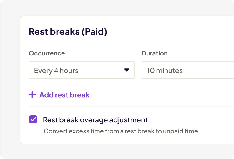 Homebase break management settings showing paid rest break configuration with 10-minute breaks every 4 hours and a rest break overage adjustment option to convert excess break time to unpaid time