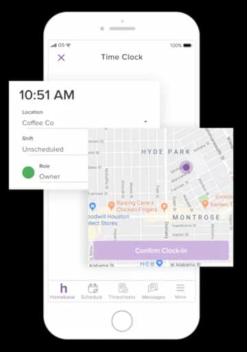 Smartphone screen showing a time clock app with clock-in time 10:51 AM, location Coffee Co, role Owner, and a map centered on Hyde Park with a confirm clock-in button.