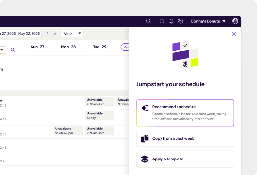 Homebase dashboard showing an automated scheduling modal titled "jumpstart your schedule." it highlights options to "recommend a schedule" using past data and unavailability rules, "copy from a past week," or "apply a template" over a calendar view.