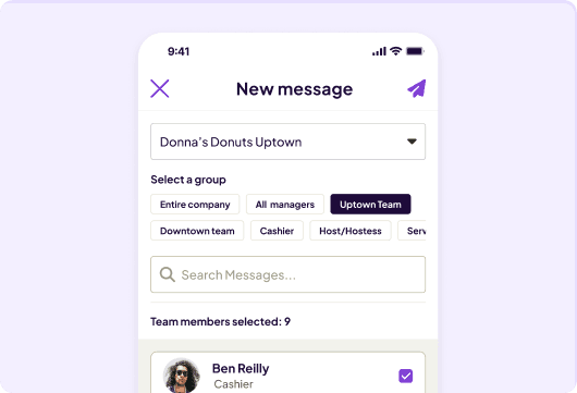 Homebase messaging app with a location dropdown set to "donna’s donuts uptown," with quick-select group buttons like "entire company," "all managers," and "uptown team."