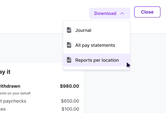 Download menu showing three export options for payroll reports: Journal (CSV), All pay statements (PDF), and Reports per location (CSV).