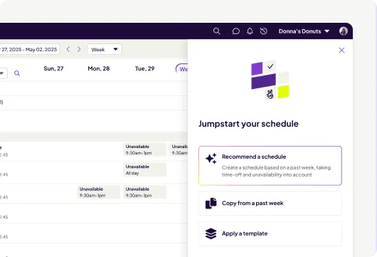 A Homebase scheduling dashboard showing a weekly view with a "Jumpstart your schedule" panel offering options to recommend a schedule, copy from a past week, or apply a template.