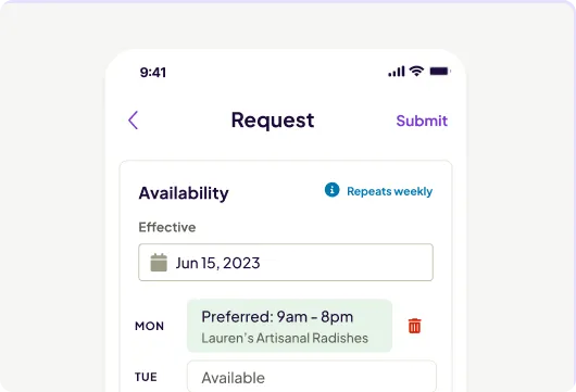 A Homebase mobile app screen showing an availability request form, effective June 15, 2023, with Monday set as preferred 9am–8pm at Lauren's Artisanal Radishes and Tuesday marked as available.