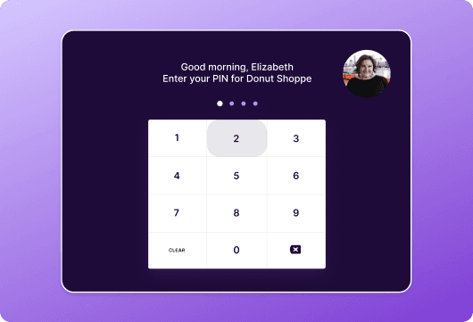 The Homebase time clock on a tablet greeting Elizabeth with a PIN pad to clock in for Donut Shoppe.