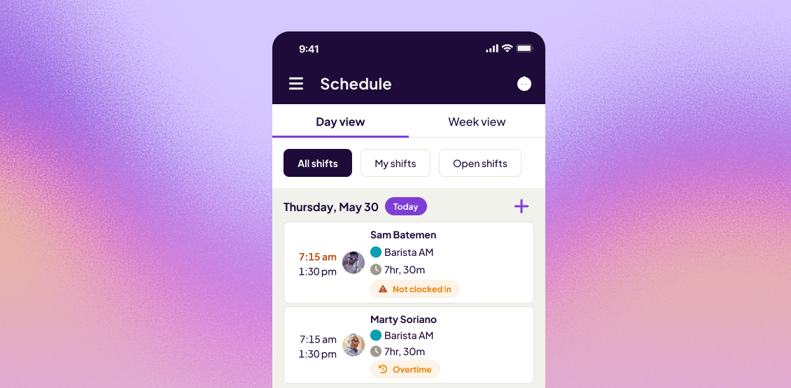 Homebase mobile schedule in day view, listing barista shifts flagged "Not clocked in" and "Overtime".