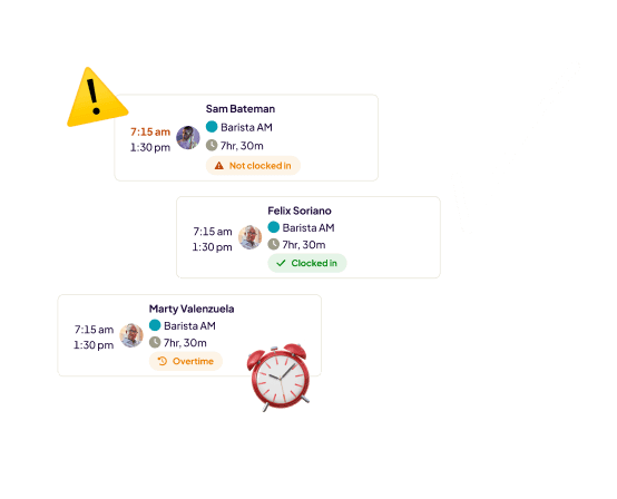 Homebase shift cards showing attendance states — "Not clocked in", "Clocked in", and "Overtime" — with a warning triangle and alarm clock.