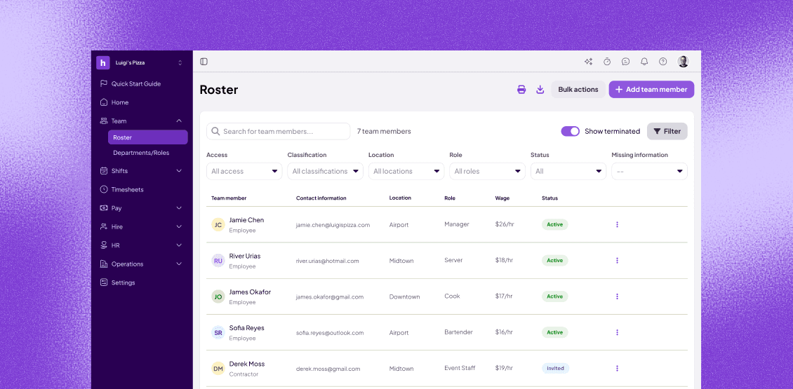 Homebase roster screen listing team members with contact info, role, wage, and status.