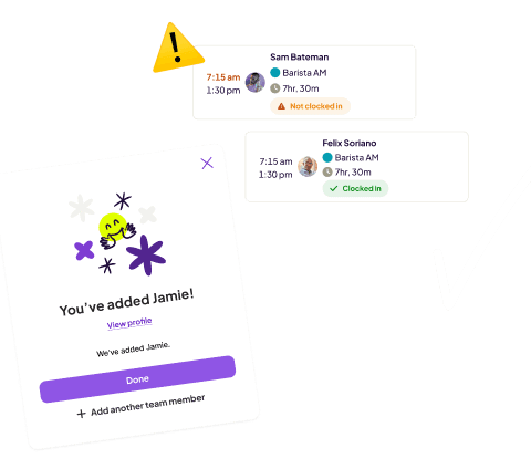 Homebase confirmation that a new team member was added, beside employee clock-in status cards.