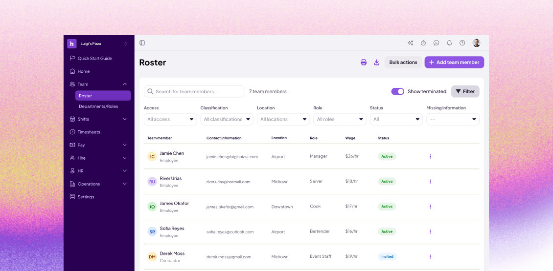 Homebase roster listing team members with contact information, location, role, wage, and status.
