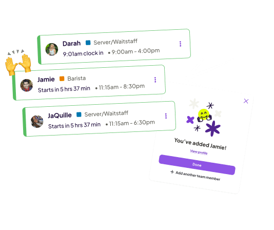 Homebase shift cards showing a team member added to the schedule.