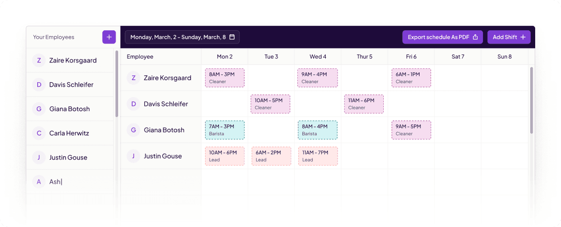 Homebase free schedule maker showing a published week of shifts by employee.