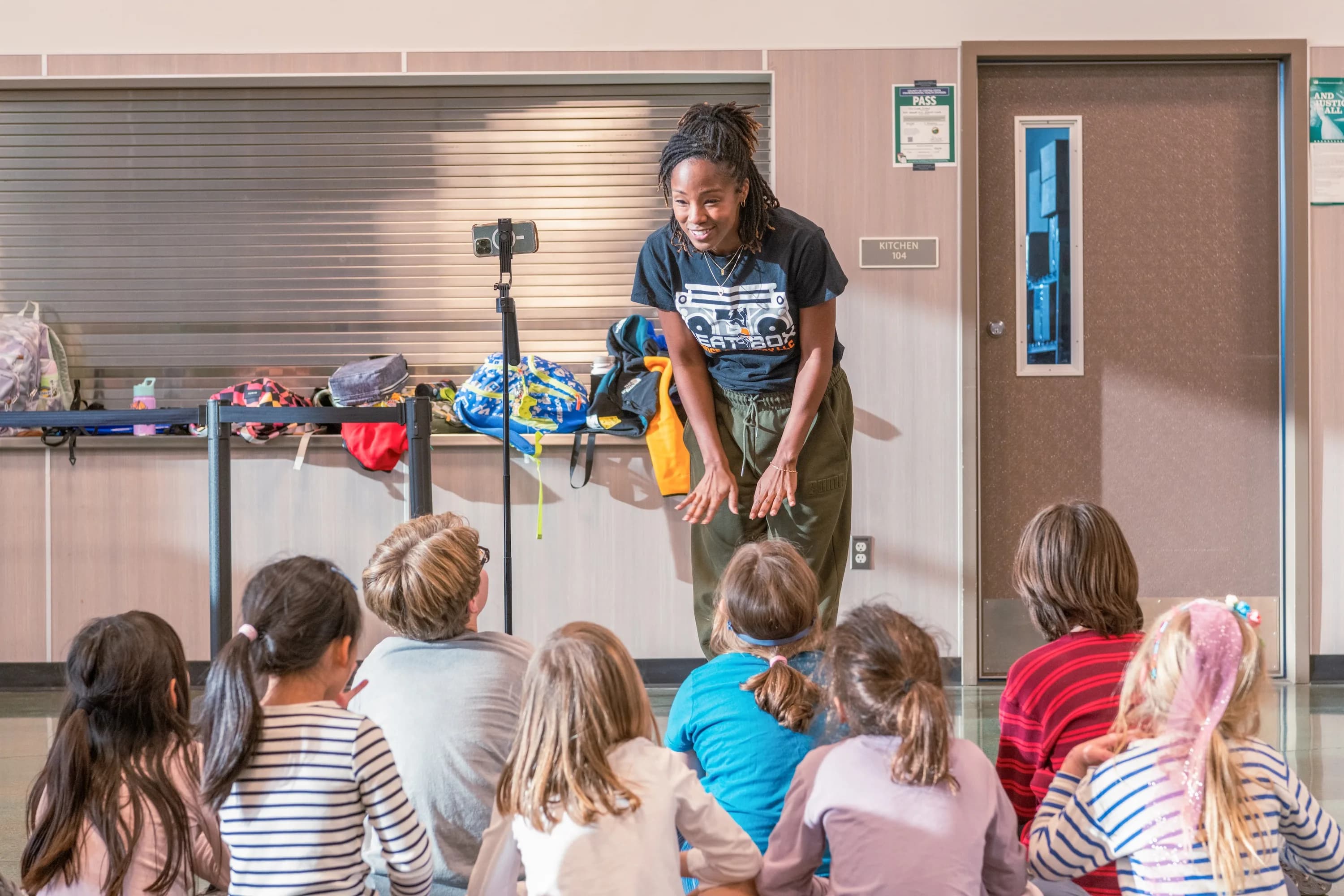 Rhasaan Sherrill of Beat Box Dance Academy leading a dance class.