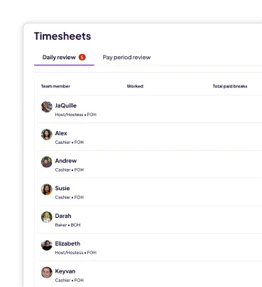 Homebase Timesheets screen on its daily review tab, listing hours by team member.