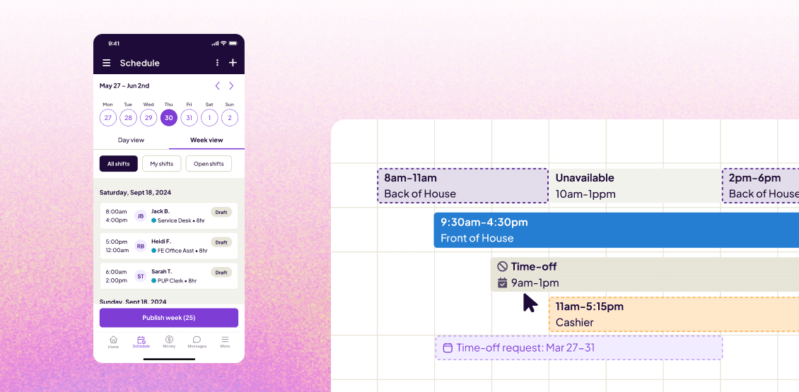 Homebase mobile schedule beside a weekly shift planner showing shifts, unavailability, and a time-off request.