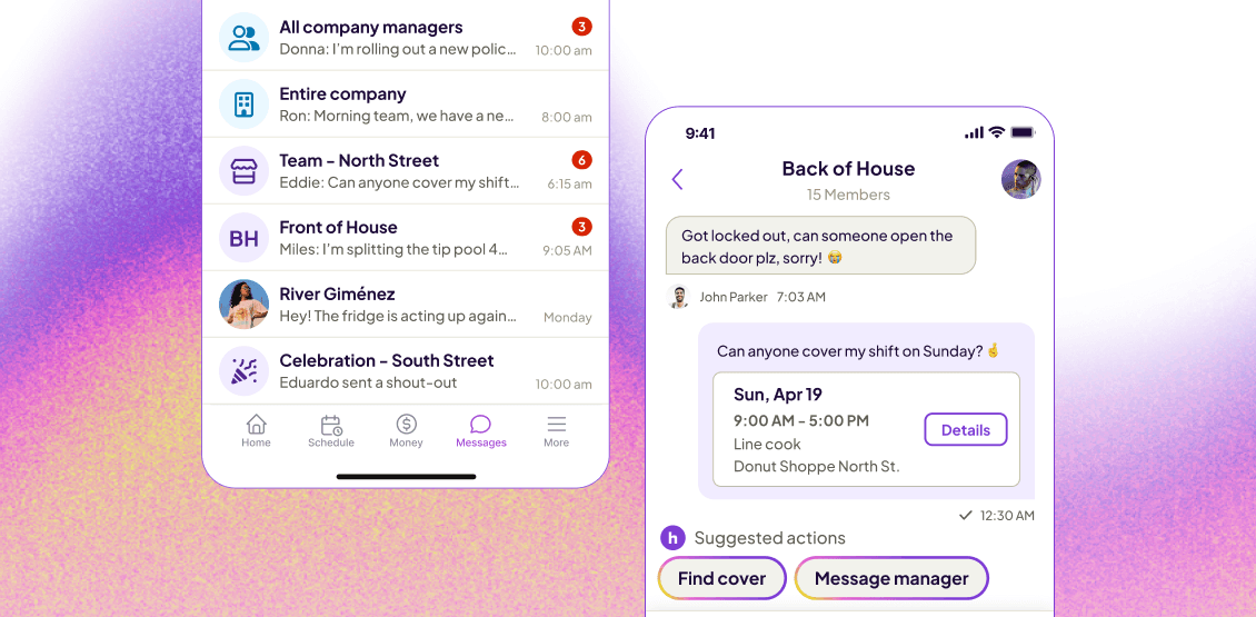 Homebase team chat showing a shift-cover request answered in the app.