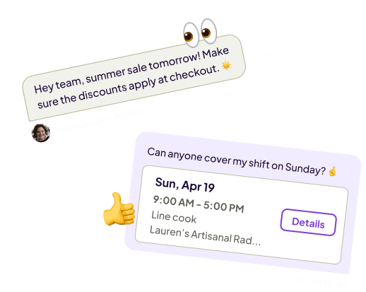 Homebase messaging panel with a team group chat and a shift note.