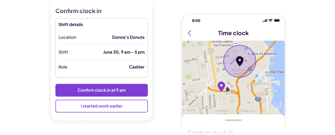 Homebase's confirm-clock-in screen showing shift details for a cashier at Donna's Donuts beside a phone with a location check-in map.