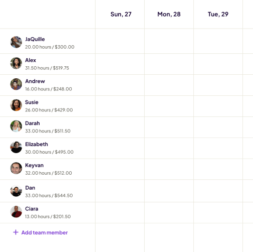 Homebase schedule builder with a week of shifts laid out by employee.