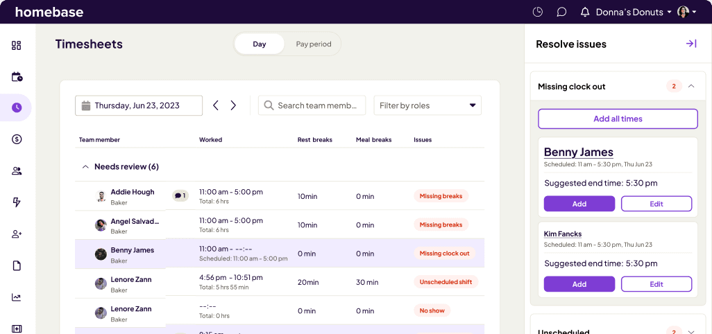 Homebase timesheet review screen listing each employee’s clocked hours, breaks and daily totals for a pay period.