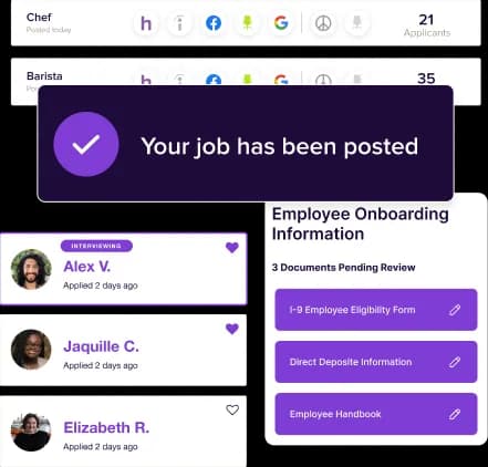 Job posting interface showing Chef and Barista positions with applicant counts; confirmation message says 'Your job has been posted'; list of applicants with status and photos; employee onboarding section with three documents pending review and editable buttons.