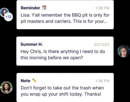Three chat messages with user avatars: a reminder about BBQ pit rules, a question about morning tasks, and a note to take out the trash after a shift.