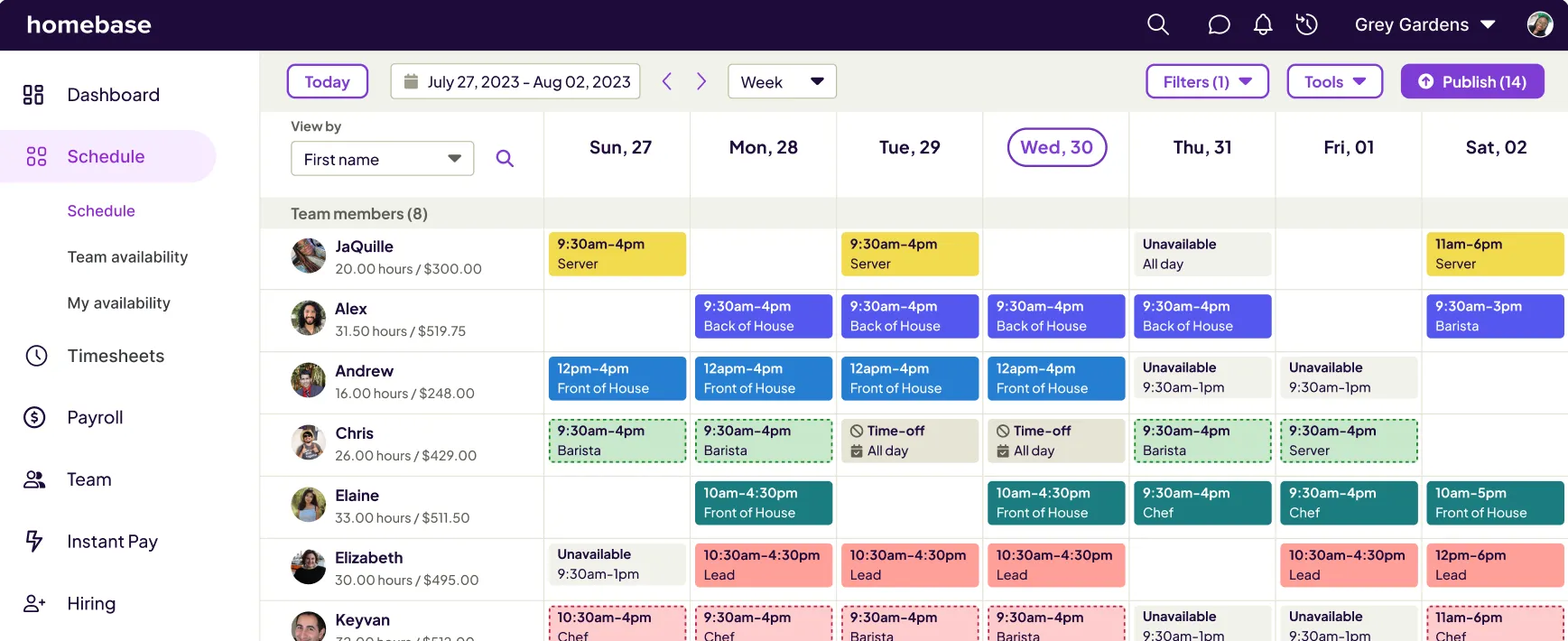Homebase scheduling dashboard showing a week of colour-coded shifts across a team.