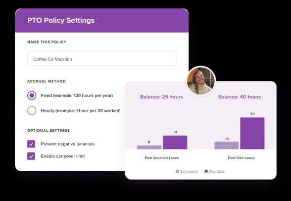A PTO Policy Settings form with accrual method options, overlaid with a chart of an employee's paid vacation and sick leave balances