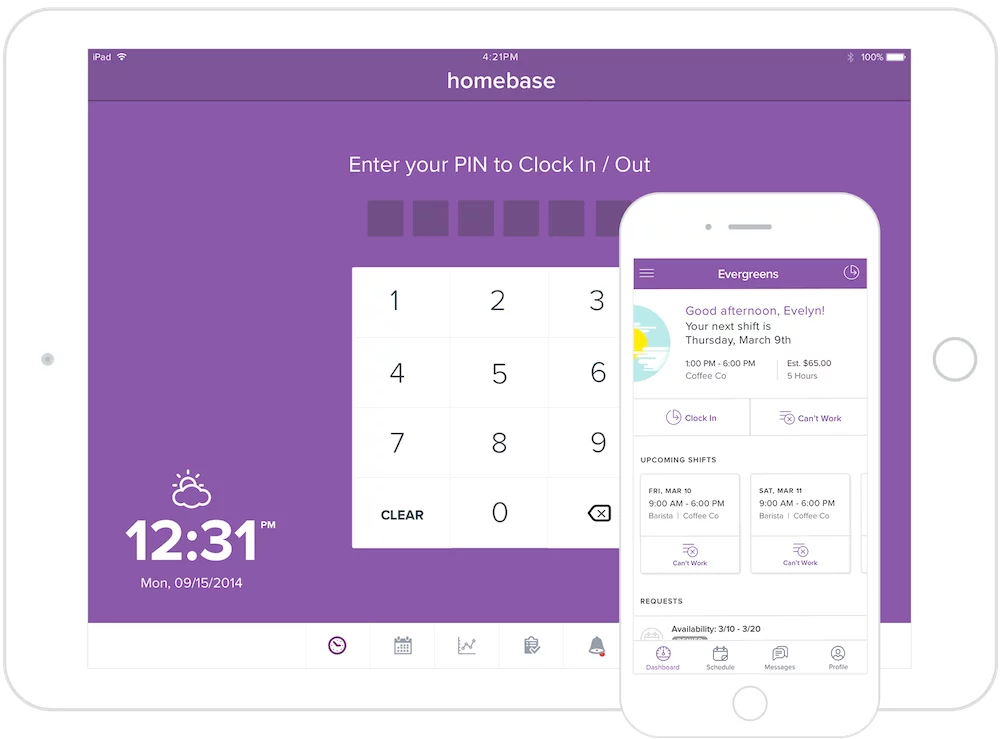 An iPad PIN clock-in screen next to a phone showing an employee's upcoming shift with clock-in and can't-work options