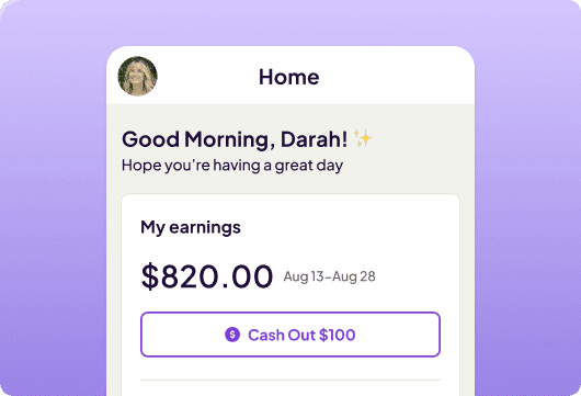 The Homebase employee app home screen showing $820.00 in earnings for the pay period and a Cash Out button.