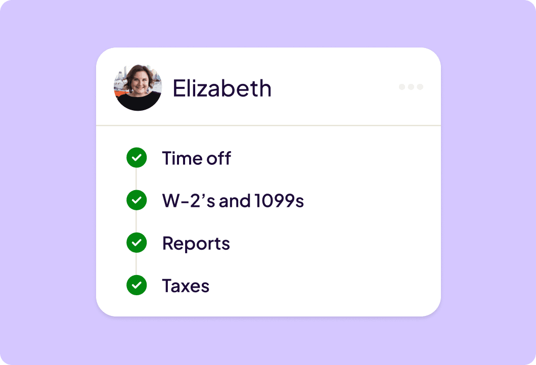 A Homebase employee checklist with time off, W-2s and 1099s, reports and taxes all checked off.