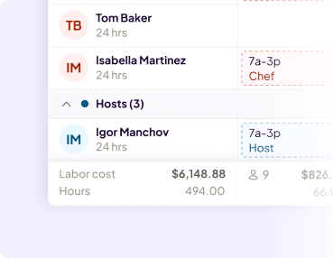 Homebase schedule builder with labor costs updating in real time as shifts are added.