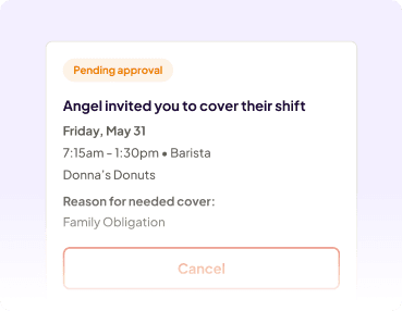 Request from employee to swap shifts due to family obligation, pending manager approval.