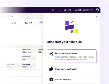 Homebase restaurant scheduling template interface with options to recommend a schedule, copy from a past week, or apply a template