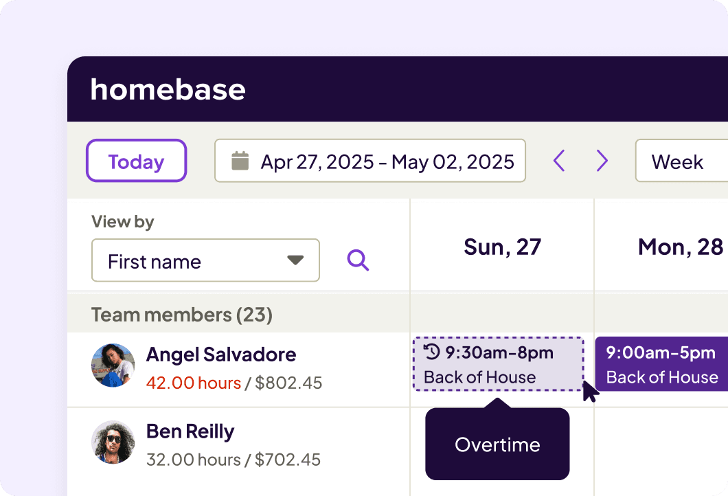 Homebase schedule builder with overtime alert for employee being scheduled for 42 hours in a week.