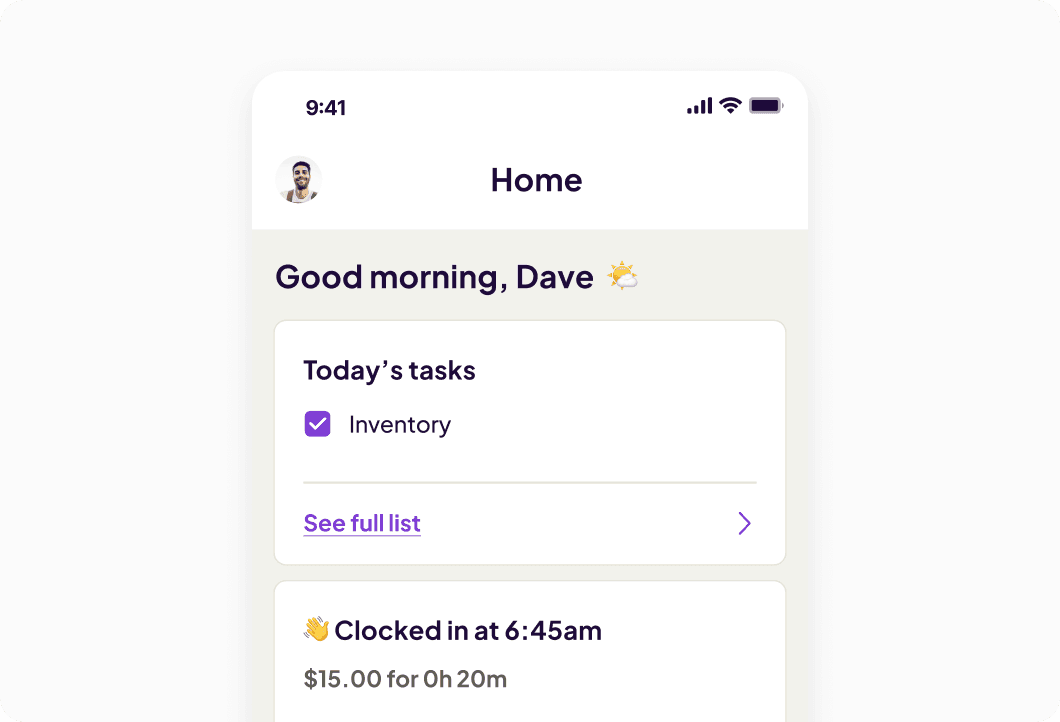 Homebase all in one app interface showing task list at clock in for employees