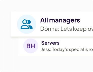 Homebase restaurant messaging app interface with two group chat modules