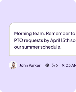 Homebase message interface with a message dialogue box, name, timestamp, and read receipt with 3 out of 6 viewed.