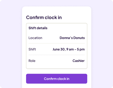 Homebase time clock clock in screen with shift details like restaurant location, time, date, and role.