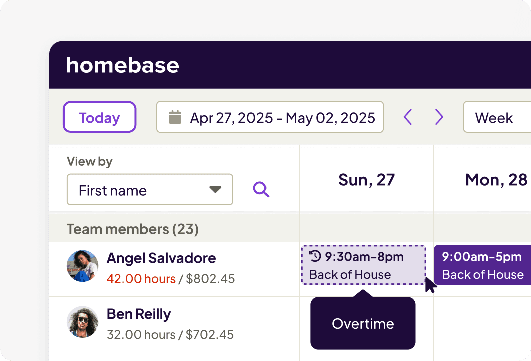 Homebase schedule builder interface with overtime alert for an employee being scheduled 42 hours in a week.