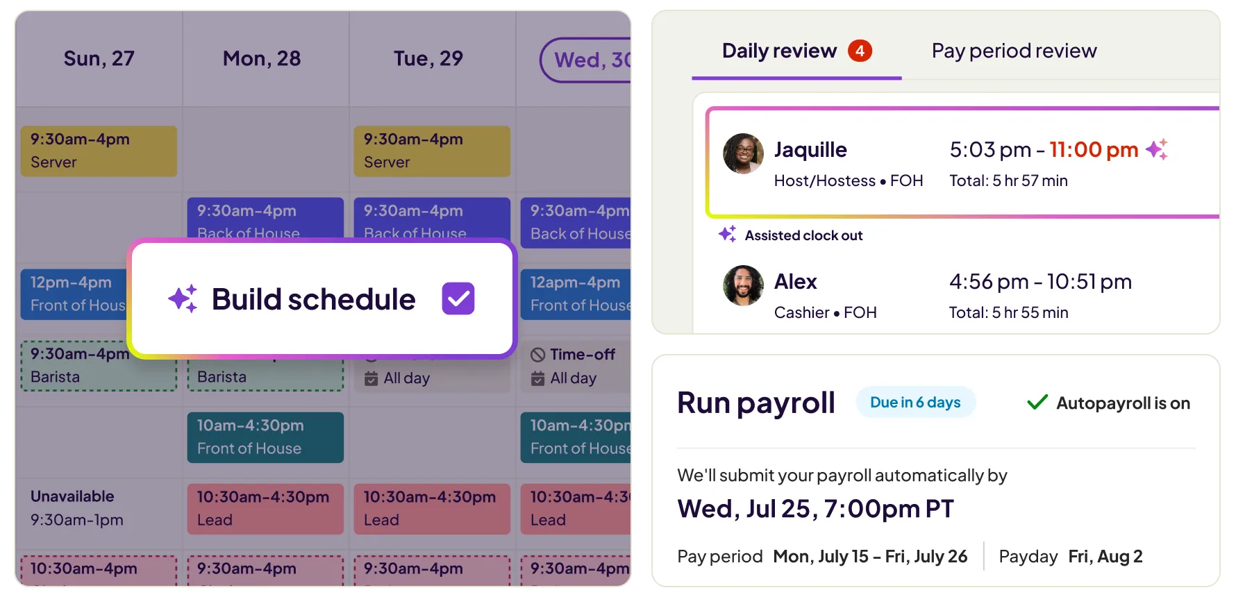 Homebase schedule builder with AI Build Schedule, daily timecard review, and automatic payroll.